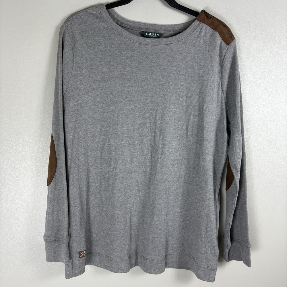 Lauren‎ Ralph Lauren Women's 2X Gray Round Neck Brown Elbow Patch Pullover Top